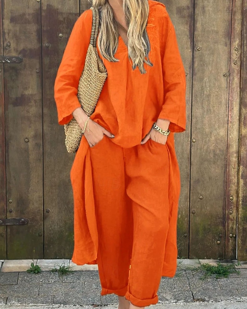 Femmes Actif Chemises en coton et lin Chemisier Ensembles de Pantalons manche longue Col en V Couleur Unie Fête Week-end Noir Blanche Jaune Été Coupe régulière de 2025 ? $37.99 –P1