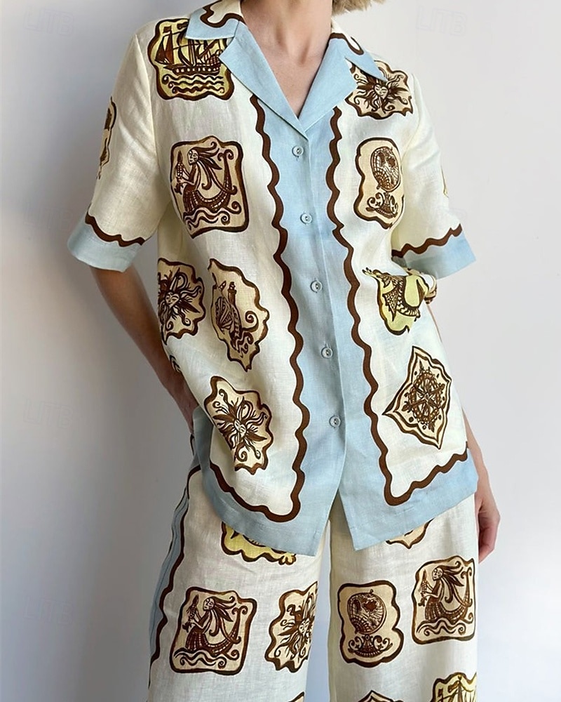 Mulheres Moda Roupa de rua Camisas de algodão e linho Conjuntos de linho de algodão Conjuntos de calças Manga Curta Colarinho de Camisa Floral Imprimir Roupa Diária Encontro Azul Verão Normal de 2025 por $43.99 –P4
