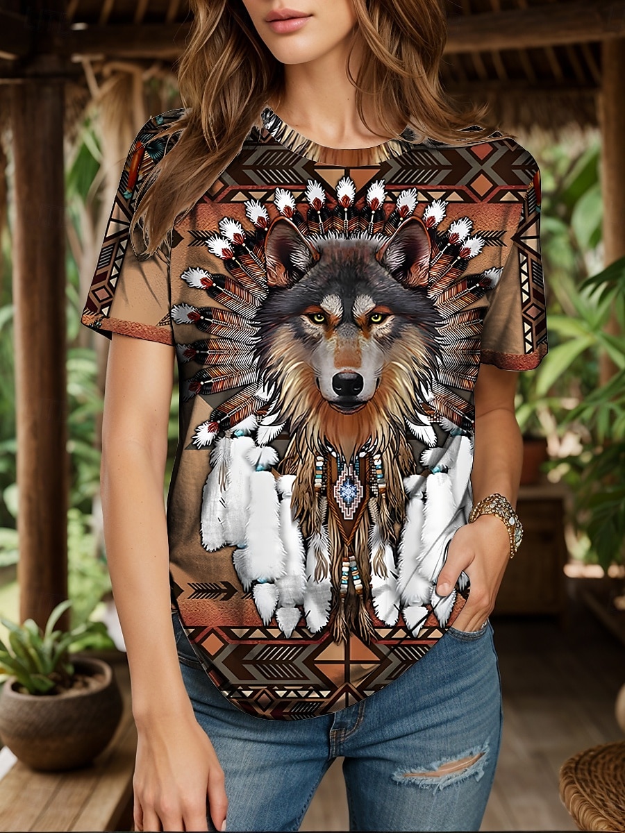 Femmes T-shirt Graphique Animal Géométrique ancien Élégant Classique Manche Courte Col ras du cou Col rond Hauts Réguliers Quotidien Week-end Imprimé Jaune Rouge Bleu Violet Vert Été Printemps de 2025 ? $19.99 –P1