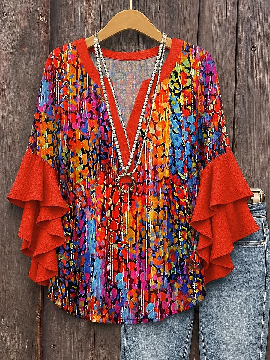 Damen Bluse mit gestuften Rüschensäumen Grafik Geometrisch Abstrakt Täglich Stilvoll Lässig 3/4-Ärmel V-Ausschnitt Reguläre Oberteile Tägliches Urlaubsbekleidung Druck Pink Rot Blau Lila Sommer 2025 - $29.99 –P1