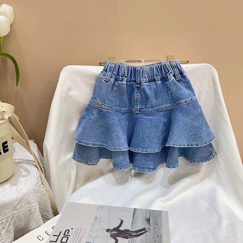 2026年 子供 女の子 スカート 純色 かわいいスタイル フリル 学校 4〜12年 夏 ブルー  コレクション – $21.99 –P3