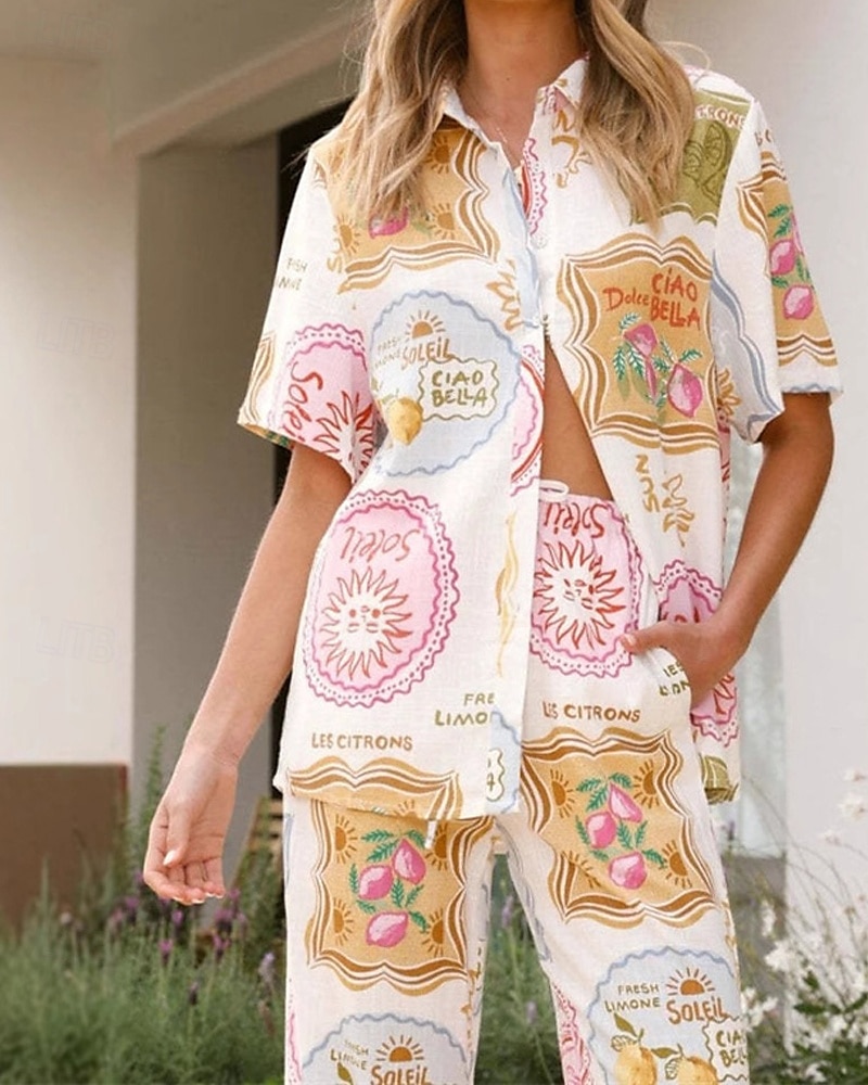 Damen Mode Streetwear Baumwoll-Leinen-Sets Hosen-Sets Kurzarm Hemdkragen Pflanze Druck Alltagskleidung Date Weiß Sommer Normale Passform 2025 - $43.99 –P4