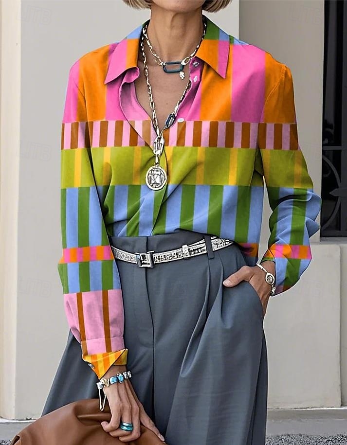 Dames Overhemd Grafisch Geometrisch Ruitjes Casual Lange mouw Overhemdkraag Normale tops Werk Dagelijks Knop Afdrukken Zwart Wit Blozend Roze blauw Bruin Zomer Lente Herfst 2025 - $32.99 –P5