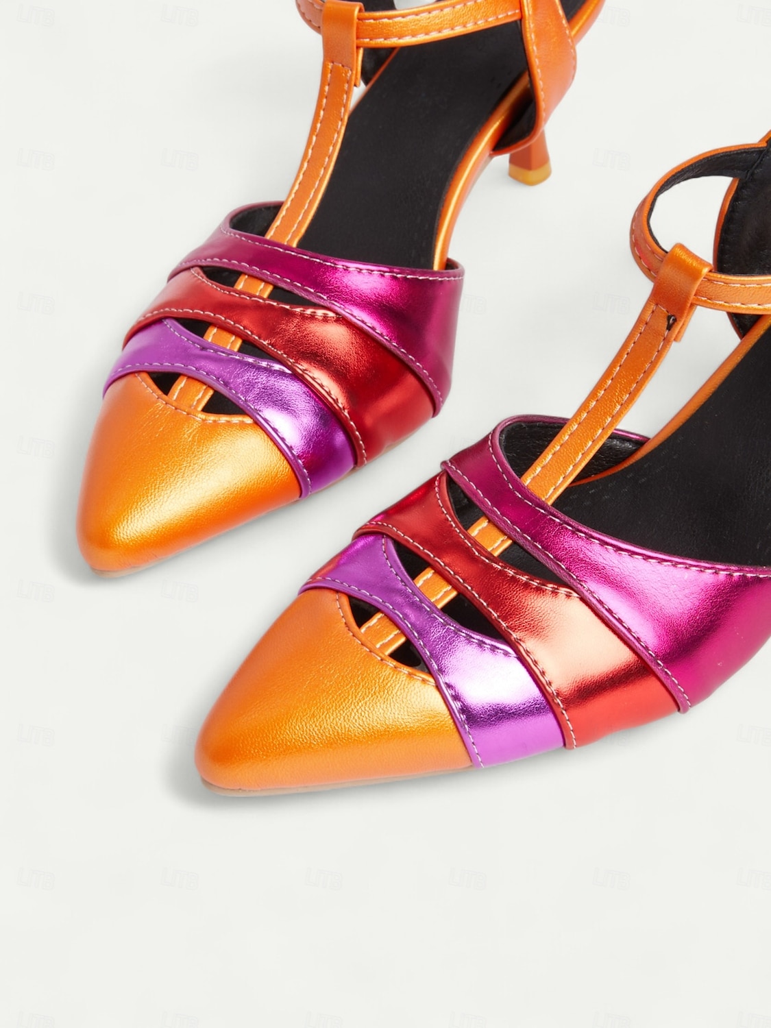 scarpe con tacco a T metallizzate arancioni e fucsia da donna – décolleté a punta colorblock in stile kitten retrò per feste danzanti, discoteche ed eventi vintage anni '70 del 2026 a $46.99 –P3