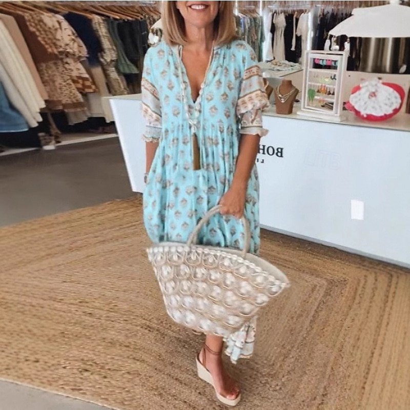 Pentru femei Rochie Lunga Rochie Maxi Rochie casual Rochie Boho Modă În aer liber Petrecere Concediu Fit regulat Geometric Manșon scurt În V Roz Îmbujorat Albastru piscină Trifoi Vară 2025 - $28.99 –P1