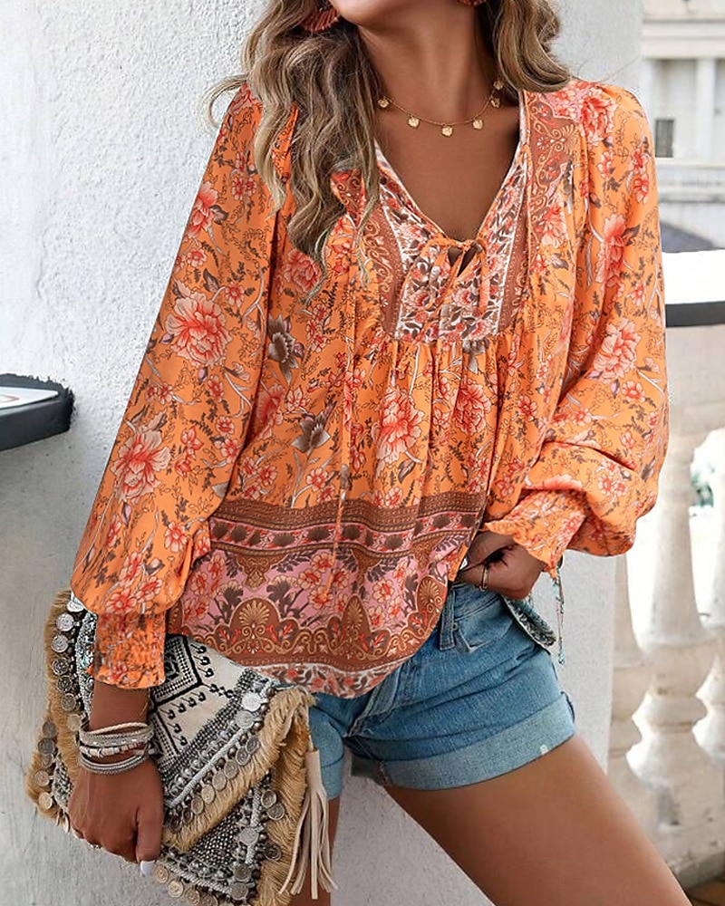 Women's Boho Shirt Blouse Flower Modern Boho Long Sleeve V Neck Regular Tops Daily Going out Print Yellow Pink Navy Blue Blue Orange Summer 2025 - $22.99 –P16
