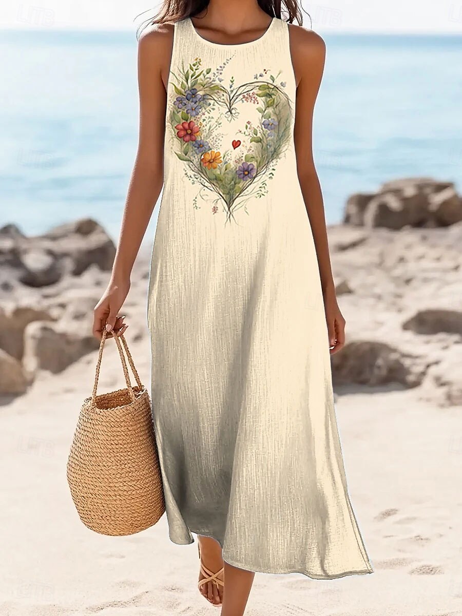 Damen Maxikleid Sommerkleid Shiftkleid Schulterfreies Kleid Lässig Ausgehen Strand Normale Passform Herz Blumen Grafik Ärmellos V Ausschnitt cremefarben Sommer Frühling 2025 - $36.99 –P1