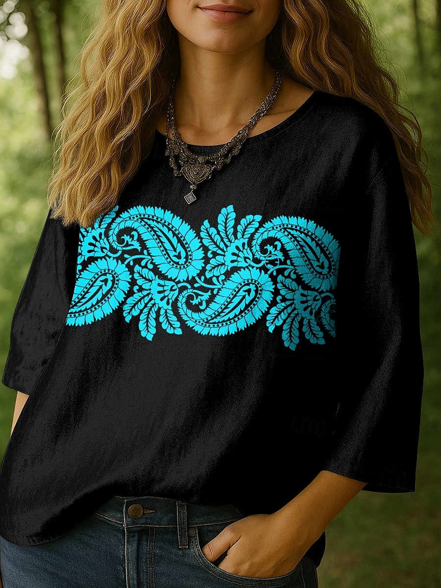Damen Bluse Grafik Paisley-Muster Bohemien Tropisch Lässig Dreiviertelarm Rundhalsausschnitt Normale Oberteile Täglich Ferien Urlaubskleidung Druck Weiß Blau Purpur Grün Sommer Frühling 2025 - $27.99 –P4