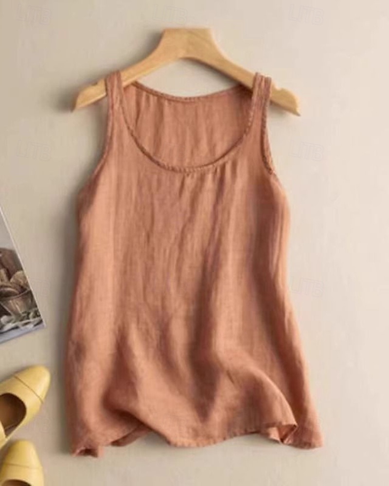 Dame Bomull lin vest Bluse عادي Fritid Ermeløs Crew-hals Vanlige topper Daglig Ferie Hvit Oransje Grønn Kakifarget Sommer 2025 - $19.99 –P2