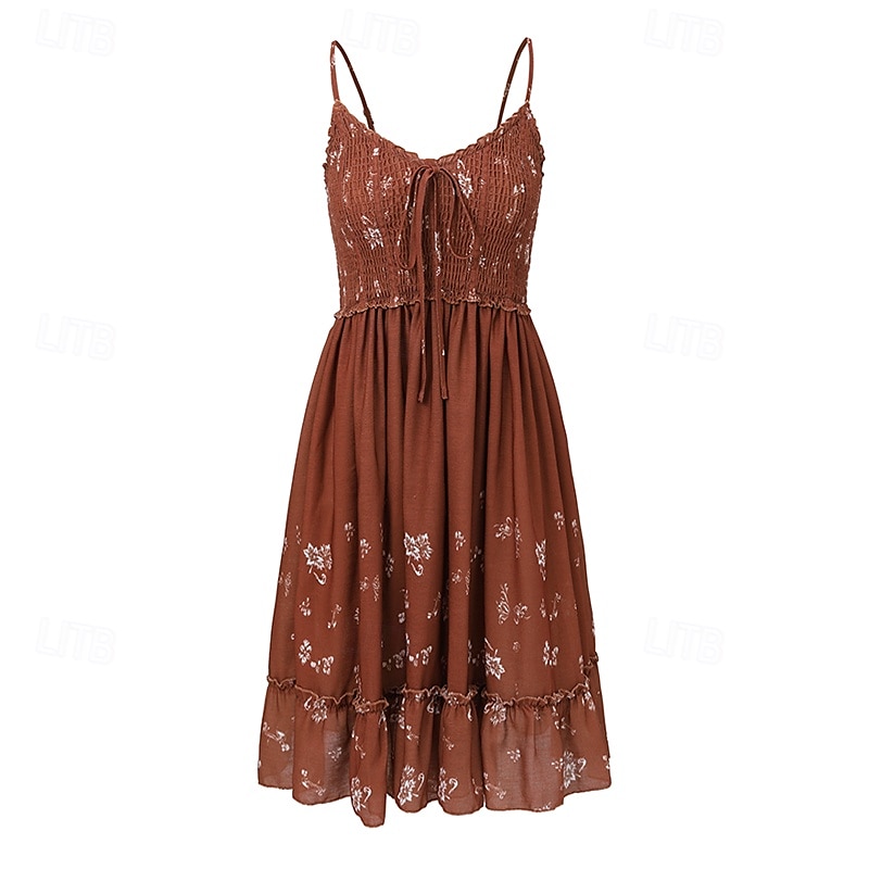 Mulheres Minivestido Vestido de verão Vestido de decote Vestido estampado Vestido ocidental Moda Clássico Férias Diário Final de semana Normal Flor Sem Manga Com Alças Finas Marron Verão de 2025 por $30.99 –P1