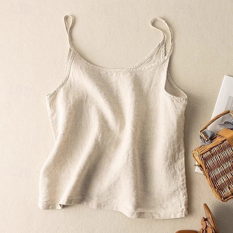 Women's Cotton Linen Vest Blouse Plain Modern Casual Sleeveless Strap Regular Tops Holiday Going out Black White Purple Apricot Summer 2025 - $19.99 –P1
