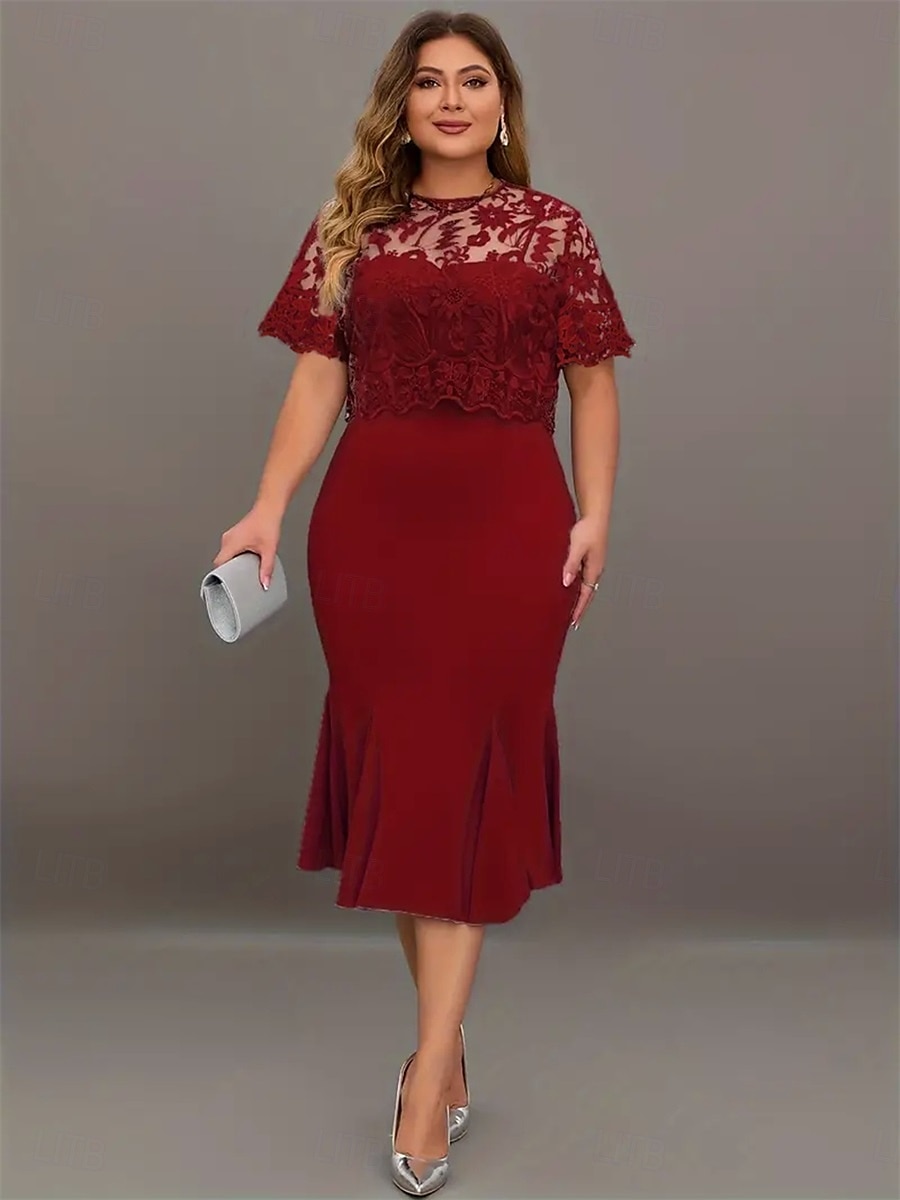 Robe mère de la mariée robe élégante col rond longueur thé dentelle manches courtes avec couleur unie de 2025 ? $49.99 –P4