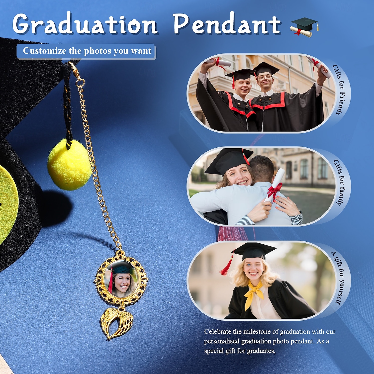 Pingente de borla de formatura personalizado com foto e asa de anjo, presente de formatura personalizado, pingente de boné de formatura dourado com foto personalizada, lembrança escolar estética para de 2025 por $9.99 –P3
