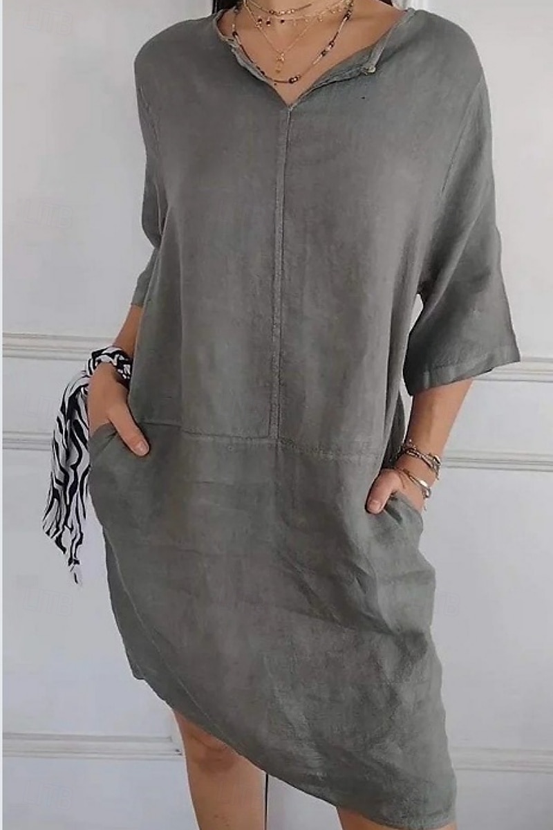 Femmes Mini Robe Robes en coton et lin Robe Décontractée Robe d'été Basique Moderne Quotidien Week-end Coupe régulière Uni Manche 3/4 Col en V Noir Blanche Marron Gris Été de 2025 ? $22.99 –P2