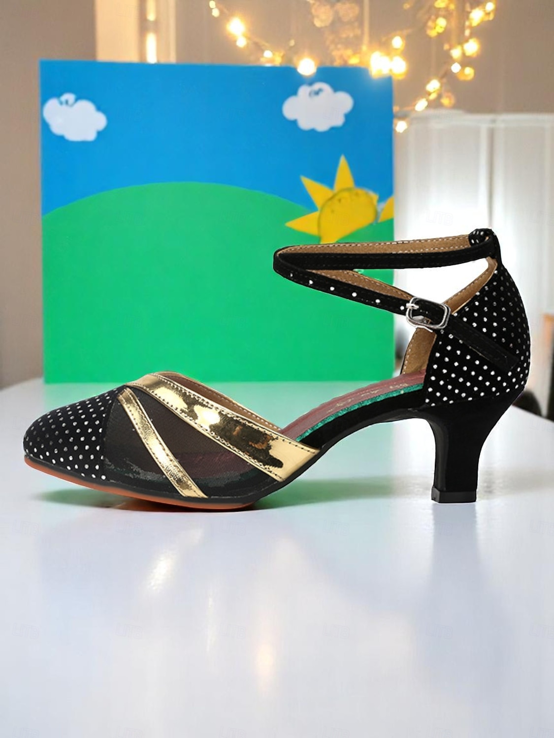 Pantofi de dans negri cu buline și accente aurii pentru femei - tocuri profesionale pentru dansuri latino cu bareta la gleznă pentru artiști și antrenamente de dans 2025 - $29.99 –P2