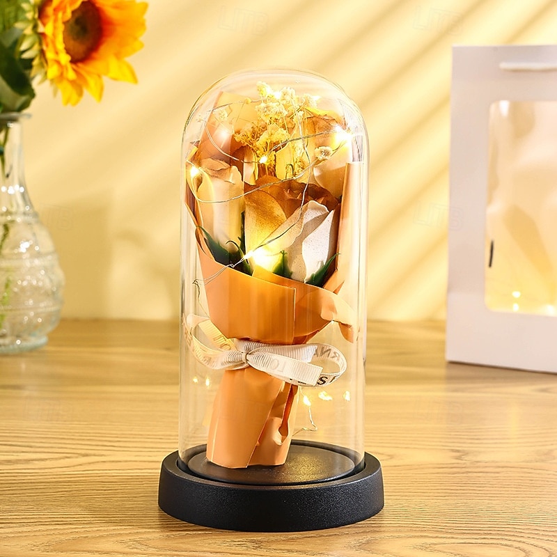 El ramo de rosas eternas, regalo para mamá, flores de jabón preservadas en cúpula de vidrio con luz, decoración de cumpleaños del día de la madre para mujeres 2026 - $15.99 –P11
