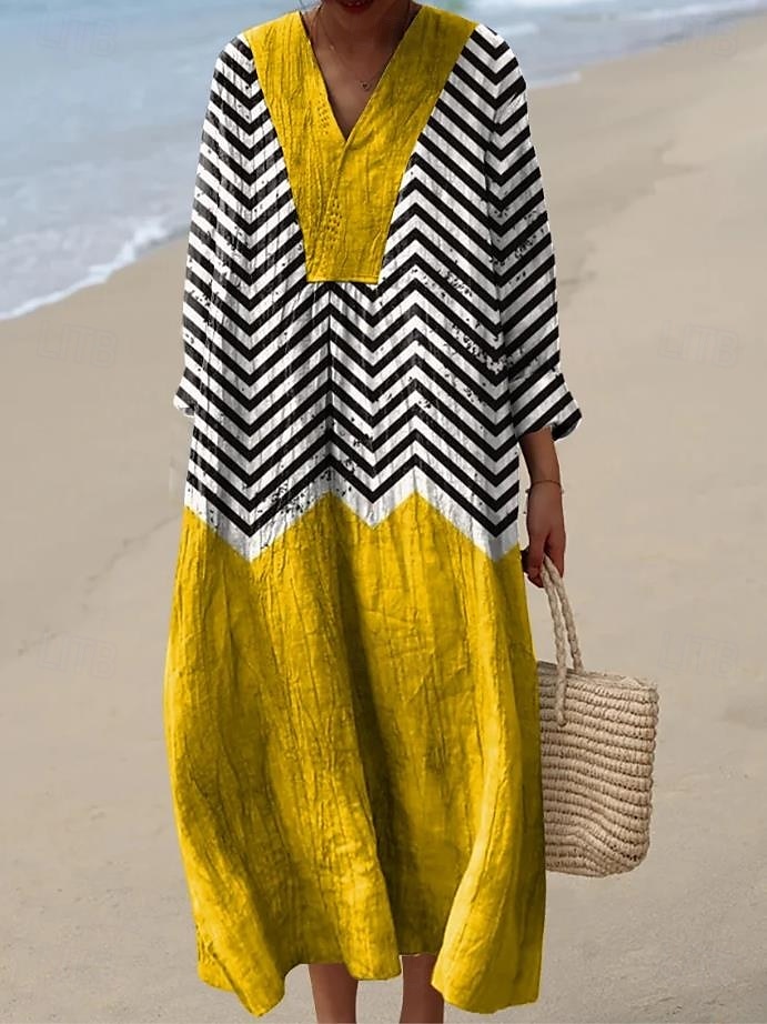 Femmes Robe Midi Robe d'Été Robe trapèze Vacances Occasionnel Boho Soirée Sortir Plage Graphique Géométrique Rayure manche longue Col en V Frêne Jaune Rose Claire Orange Été Printemps de 2025 ? $35.99 –P3