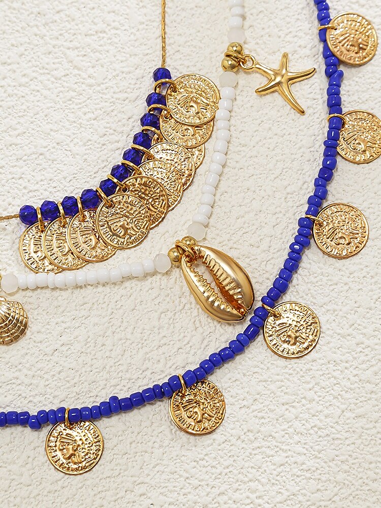 Ensemble de colliers à breloques coquillages et pièces de monnaie en perles dorées et bleues pour femmes – colliers superposés de style bohème de plage avec des accents d'étoiles de mer et de coquillages pour l'été et les vacances de 2025 ? $11.99 –P5