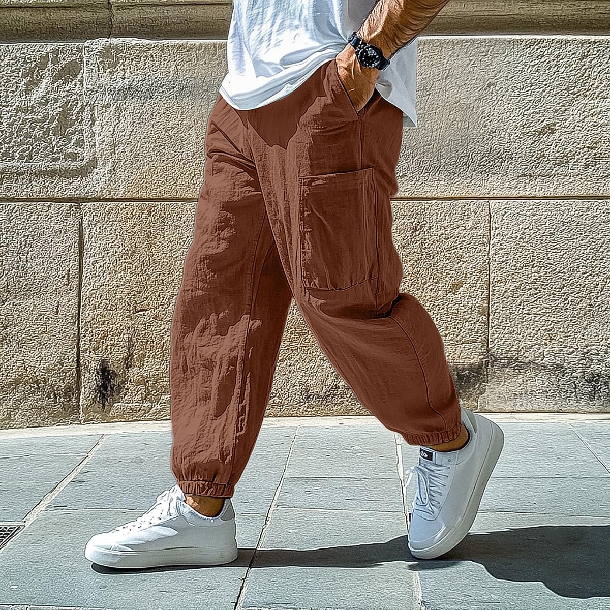 Męskie Lniane spodnie Spodnie Letnie spodnie Luźne spodnie Elastyczny mankiet Równina Komfort Oddychający Pełna długość Codzienny Święto Urlop Moda Czarny Biały 2025 - $23.99 –P9