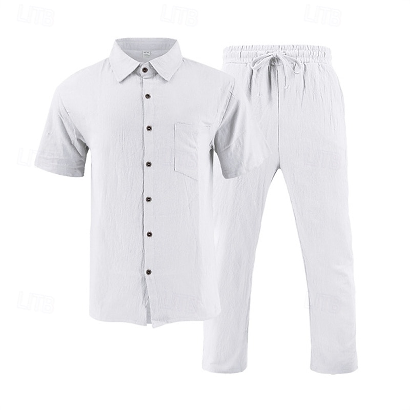 Men's Shirt Suits Shirt and Pant Sets 2 Pieces Outfits Short Sleeve Lapel Summer Plain Fashion Casual 2 Piece Vacation Daily Wear Going out Black White Khaki Top Tee for Men 2025 - $40.99 –P3