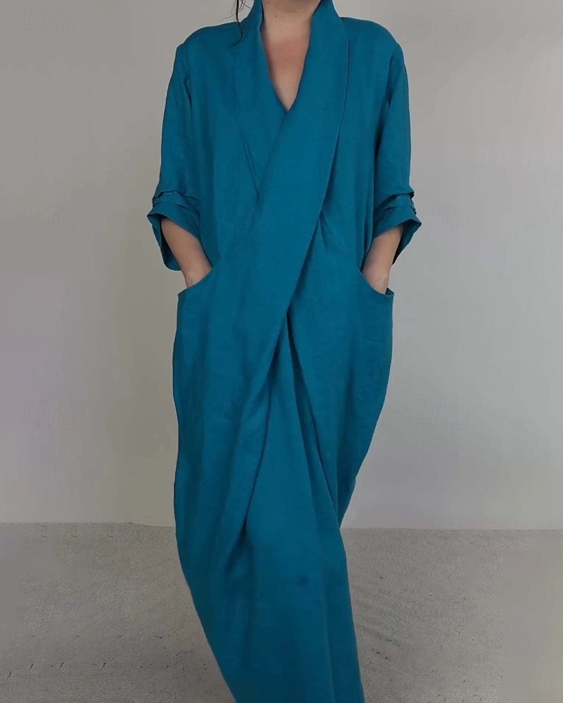 Per donna Abito Lungo Maxi Abito Abito in cotone e lino Moda Moderno All'aperto Vacanza Ferie Vestibilità regolare Semplice Mezza Manica Scollo a V Nero Bianco Blu Viola Estate del 2025 a $26.99 –P3