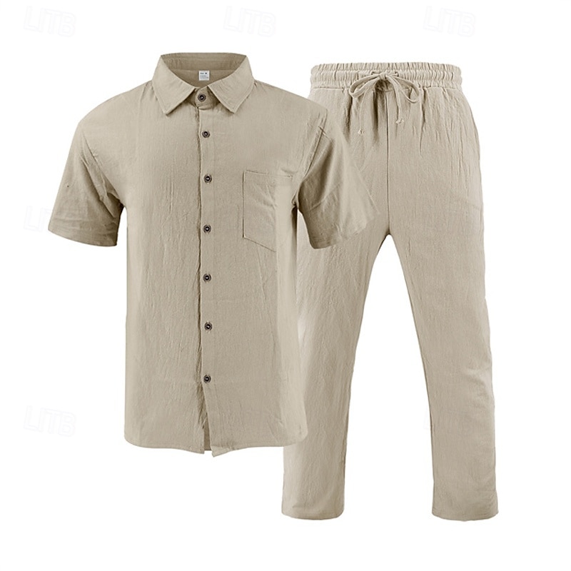 Men's Shirt Suits Shirt and Pant Sets 2 Pieces Outfits Short Sleeve Lapel Summer Plain Fashion Casual 2 Piece Vacation Daily Wear Going out Black White Khaki Top Tee for Men 2025 - $40.99 –P15