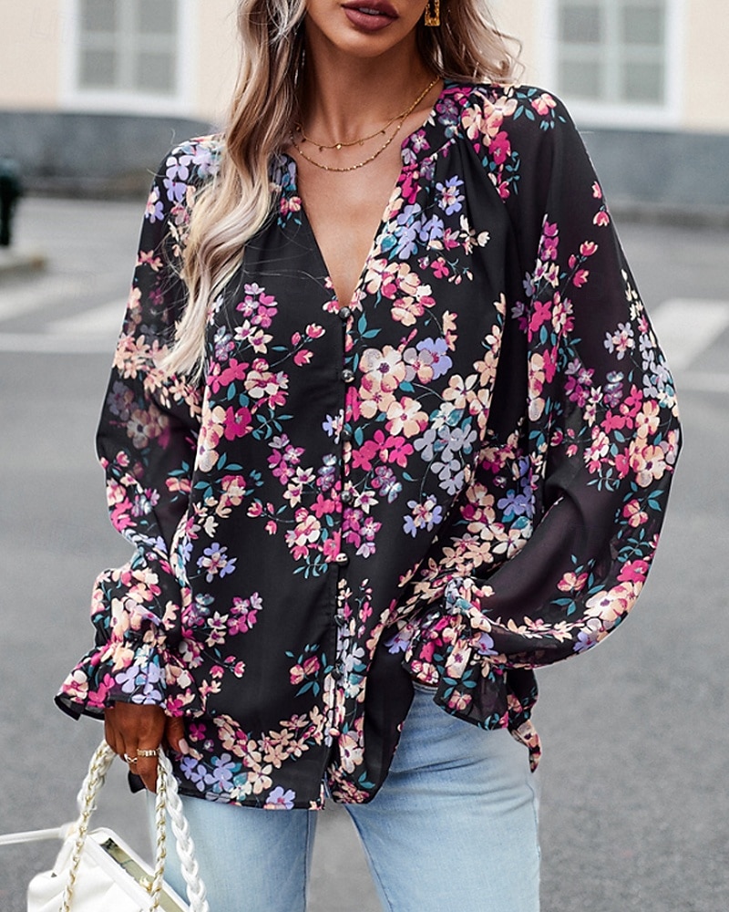 Femmes Chemise Bohème Chemisier Fleur Moderne Boho manche longue Col en V Hauts Réguliers Quotidien Sortir Imprimé Noir bleu marine Bleu Abricot Été de 2025 ? $26.99 –P8