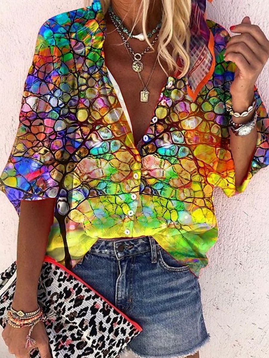 Dame Bluse Grafisk Paisly Fargeblokk Bohem Daglig Fritid 3/4 ermer Høyhalset Vanlige topper Knapper Trykt mønster Gul Lilla Oransje Sommer Vår 2025 - $34.99 –P4