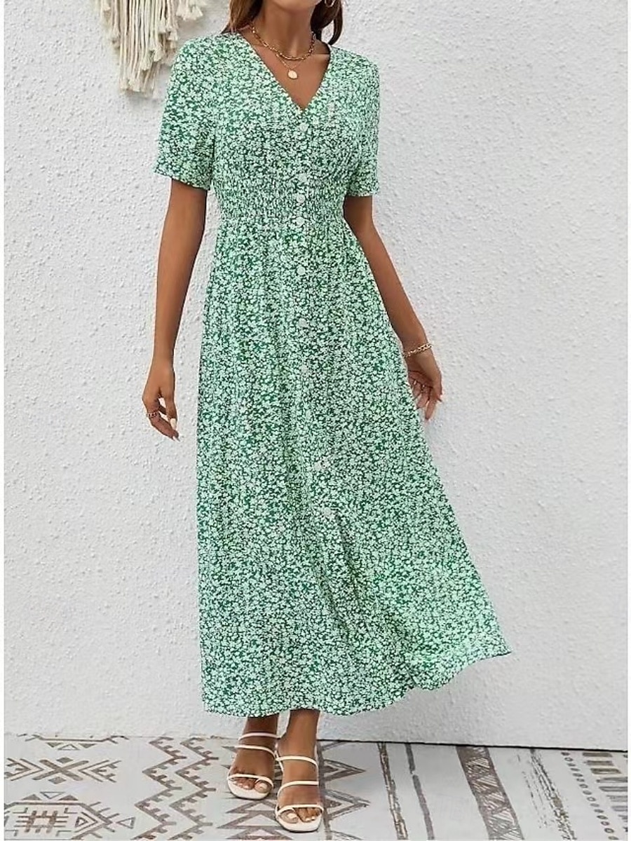 Femmes Robe maxi Robe trapèze Occasionnel Extérieur Sortir Coupe régulière Fleuri Manche Courte Col en V Bleu Vert Été de 2025 ? $39.99 –P3