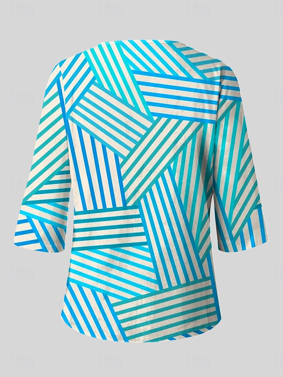 Dame Bluse Grafisk Stripet Bohem Årgang 3/4 ermer Crew-hals Vanlige topper Daglig Ferie Trykt mønster Blå Lilla Grønn Sommer Vår 2025 - $27.99 –P2