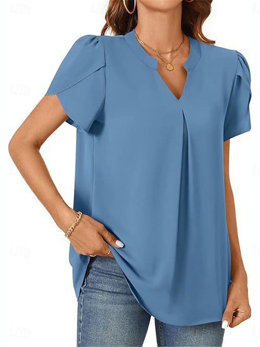 Femmes Chemisier Couleur Unie Élégant Basique Occasionnel Manche Courte Col en V Hauts Réguliers Quotidien Noir Blanche Bleu Vert Abricot Été de 2025 ? $19.99 –P11