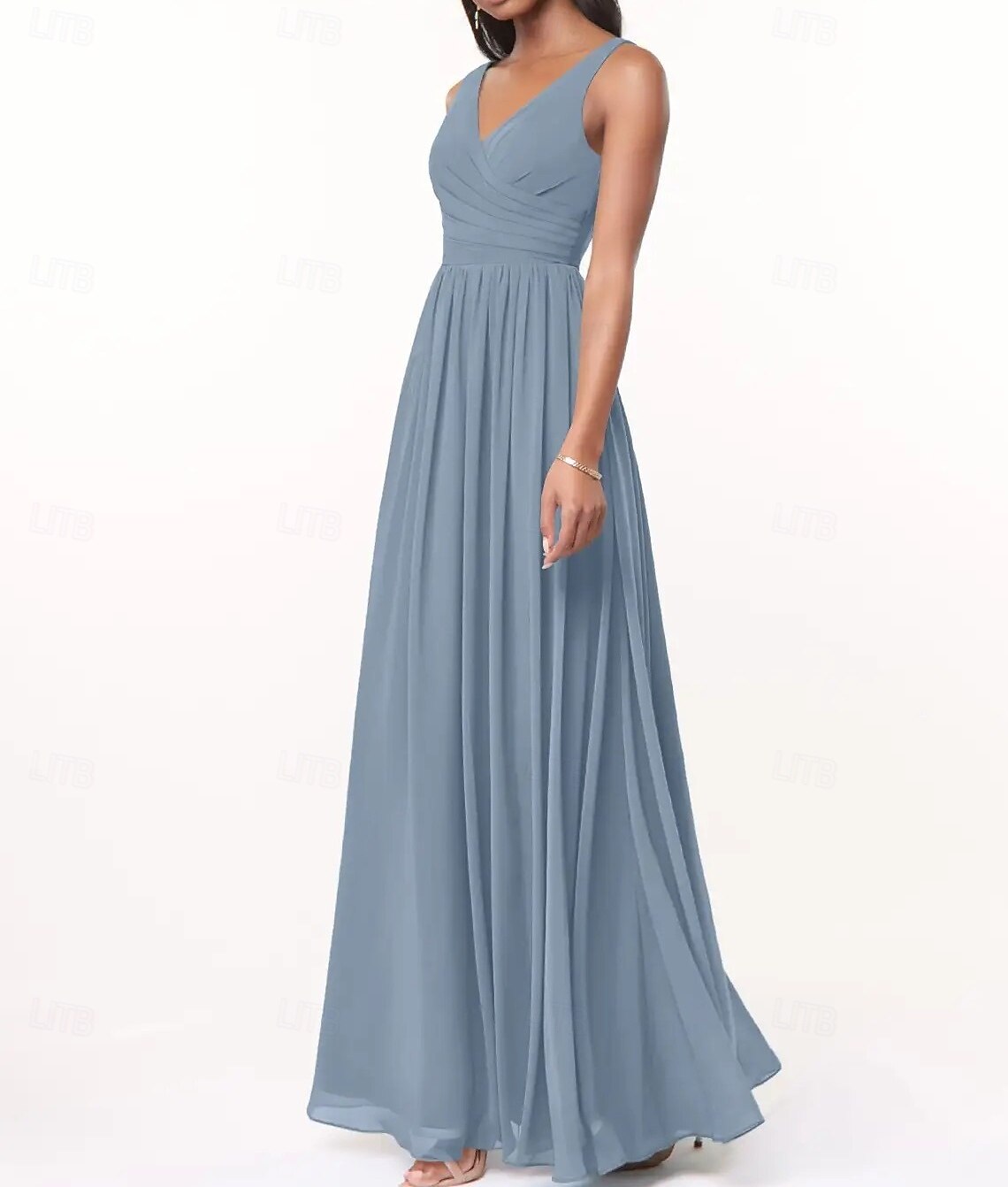 Vestido de Dama de Honra A-Line Decote V Sem Mangas Elegante Comprimento Total Chiffon com Plissado  Franzido de 2025 por $150.99 –P1
