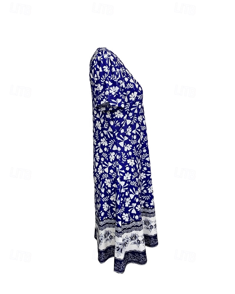 Pentru femei Rochie Mini Rochie florala Rochie Boho Clasic În aer liber Vacanță Zilnic Fit regulat Floare Manșon scurt Stil Nautic Albastru piscină Vară 2025 - $23.99 –P3