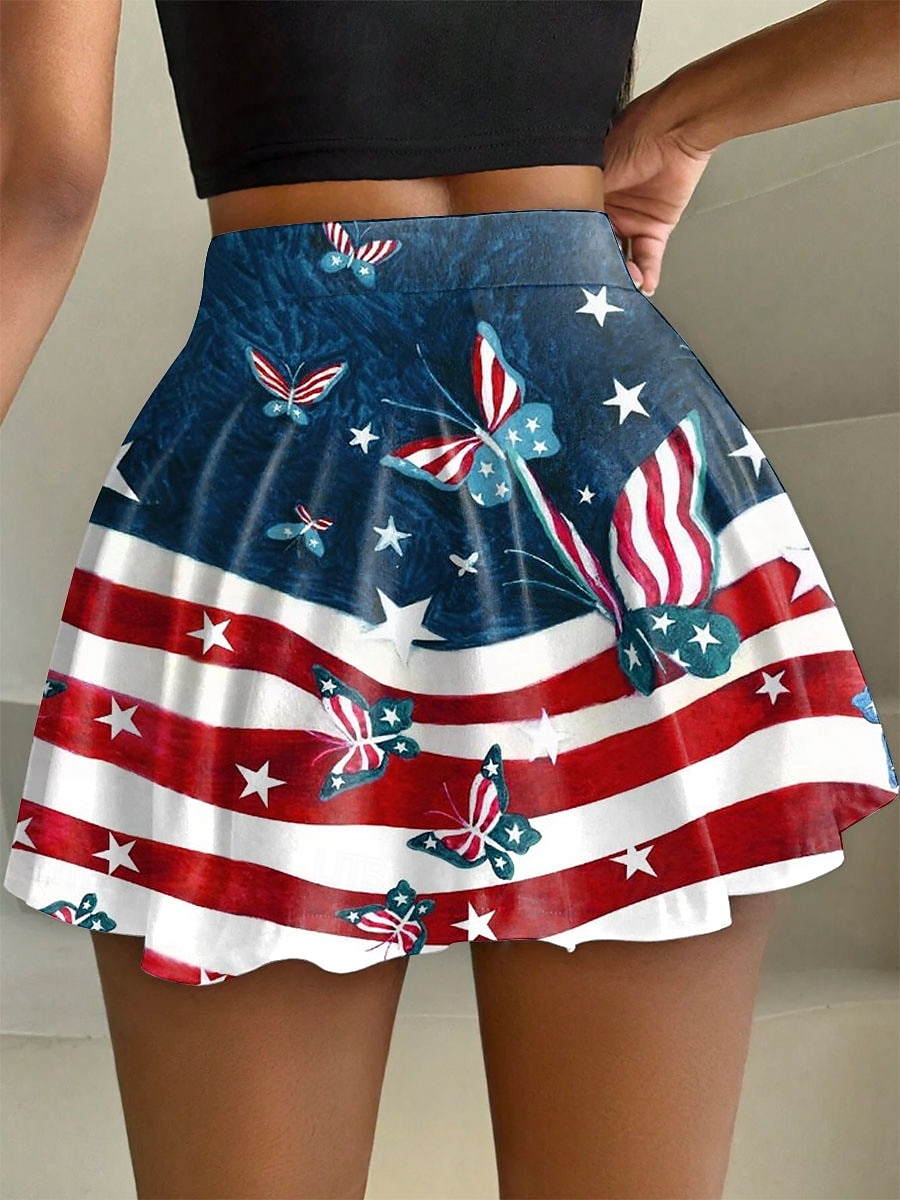 Feminines Patriotischer Rock Mode Lässig Mini Hohe Taille Röcke Grafik Schmetterling Gestreift Dehnbar Täglich Blau Sommer Strickpolyester 2025 - $19.99 –P2