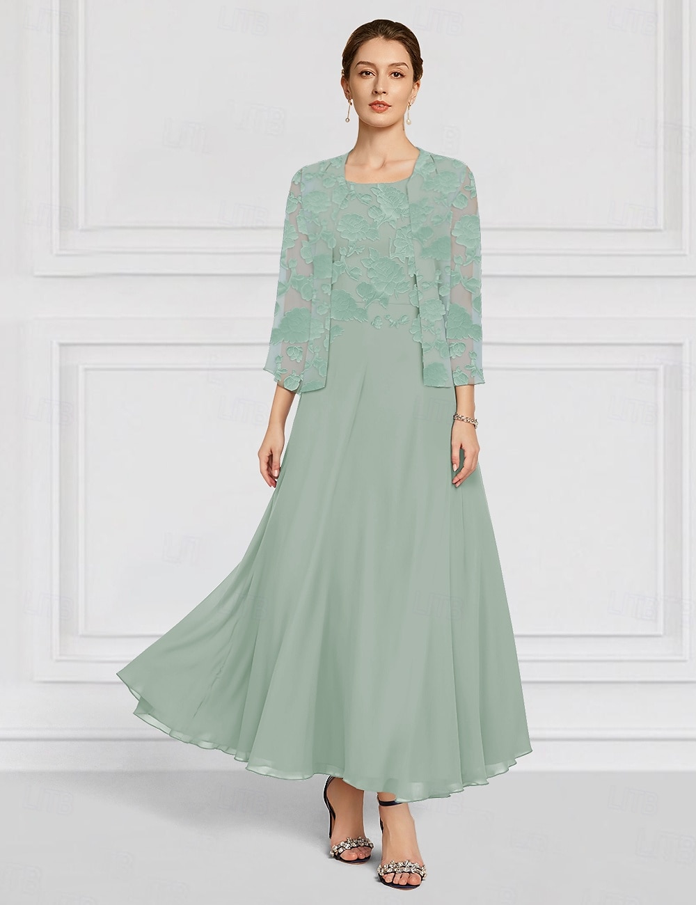 Sky Blue Burnt Out Floral Lace Two Piece A-Line Mother of the Bride Dress Elegant Simple Minimalist Boat Neck Floor Length Chiffon 3/4 Length Sleeve with Jacket 2025 - $139.99 –P4