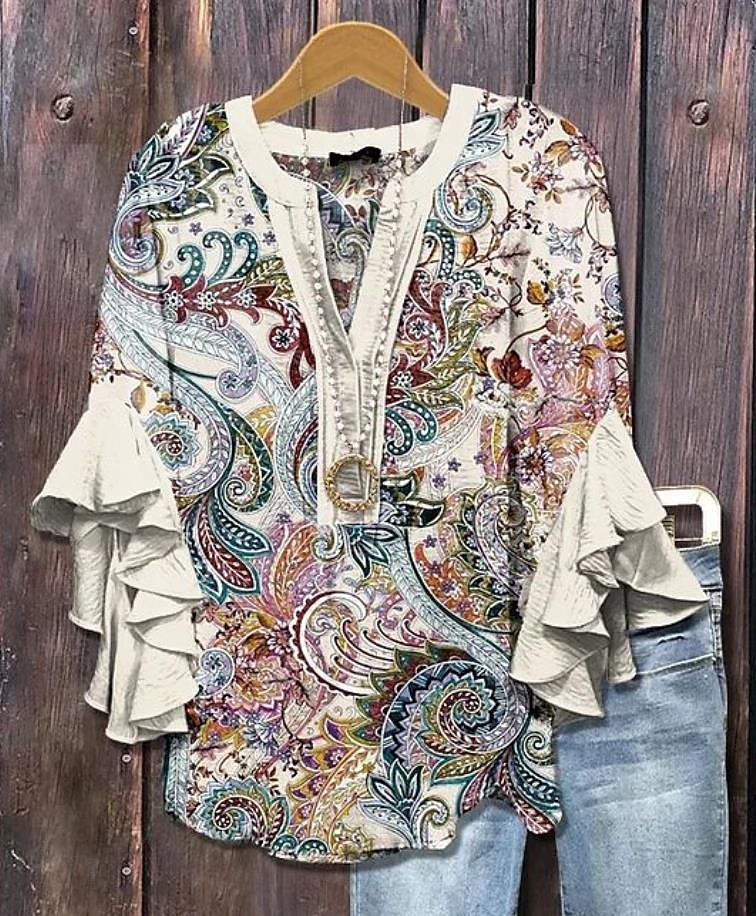 Damenbluse Geschichtete Rüschenschlupfärmel Tops Floral Grafik Paisley Bohemia Vintage Täglich 3/4 Lange Ärmel V-Ausschnitt Reguläre Tops Täglich Urlaub Ferien Kleidung Print Schwarz Pink Lila 2025 - $29.99 –P3