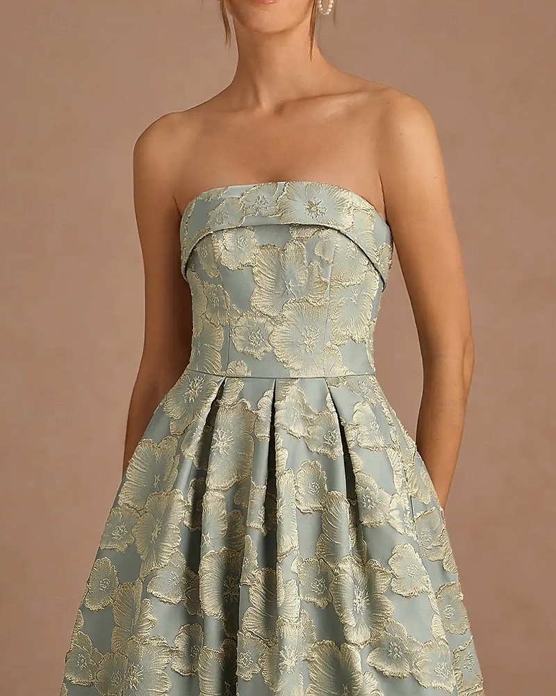 Virágos jacquard A-vonalú koktélruhák elegáns ruha formális eljegyzés tea hosszú midi hosszú ujjatlan pánt nélküli redőkkel 2025 - $159.99 –P6