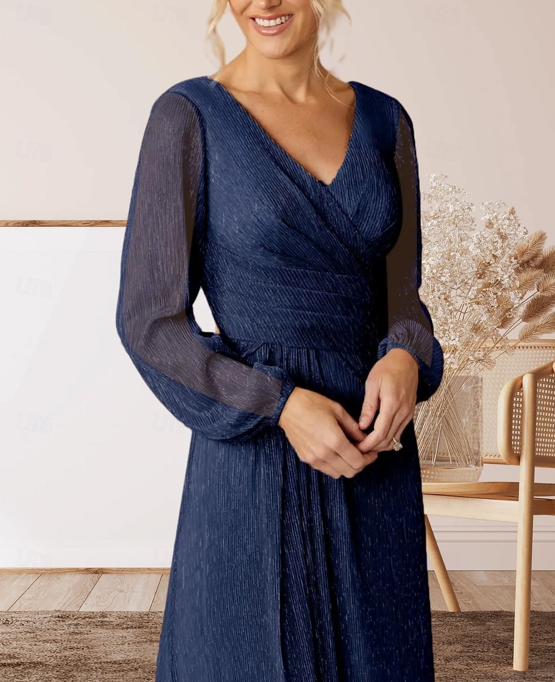 Robe Mère de la Mariée A-Ligne Invité de Mariage Élégante Col V Longueur de Sol Chiffon Manches Longues avec Plis Fronces de 2025 ? $160.99 –P4
