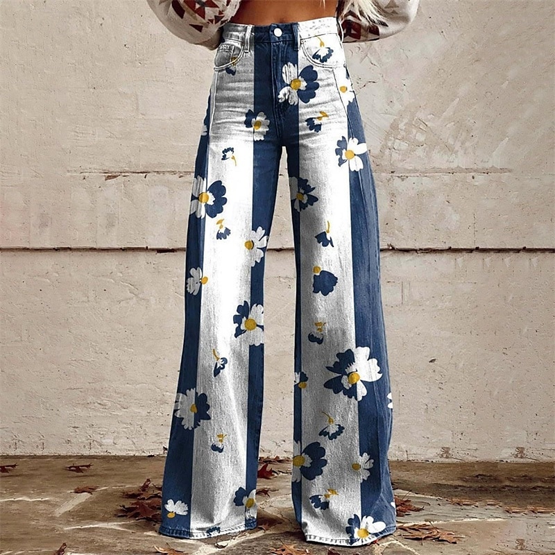 Retro vintage Boho Jaren '70 Broeken Broek met wijde pijpen Hippie Schijf Hoge taille Bloemig Madeliefje Faux Jeans Stijl Kostuum Dames Carnaval Casual / Dagelijks muziekfestival Retro themafeest 2026 - $35.99 –P2