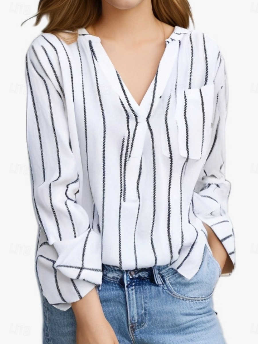 Dames Overhemd Gestreept Stijlvol Casual Lange mouw V-hals Normale tops Dagelijks Afdrukken Wit blauw Grijs Licht Blauw Zomer Lente 2025 - $18.99 –P6