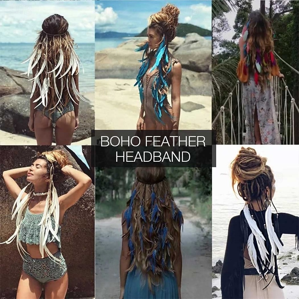 Boho Feather Headband Gypsy Headpiece Headdress Bohemian Hippie Headbands Indian Festival Hair Band Adjust Long Feather Hair Accessories for Women and Girls Black Green 2026 - $15.99 –P7