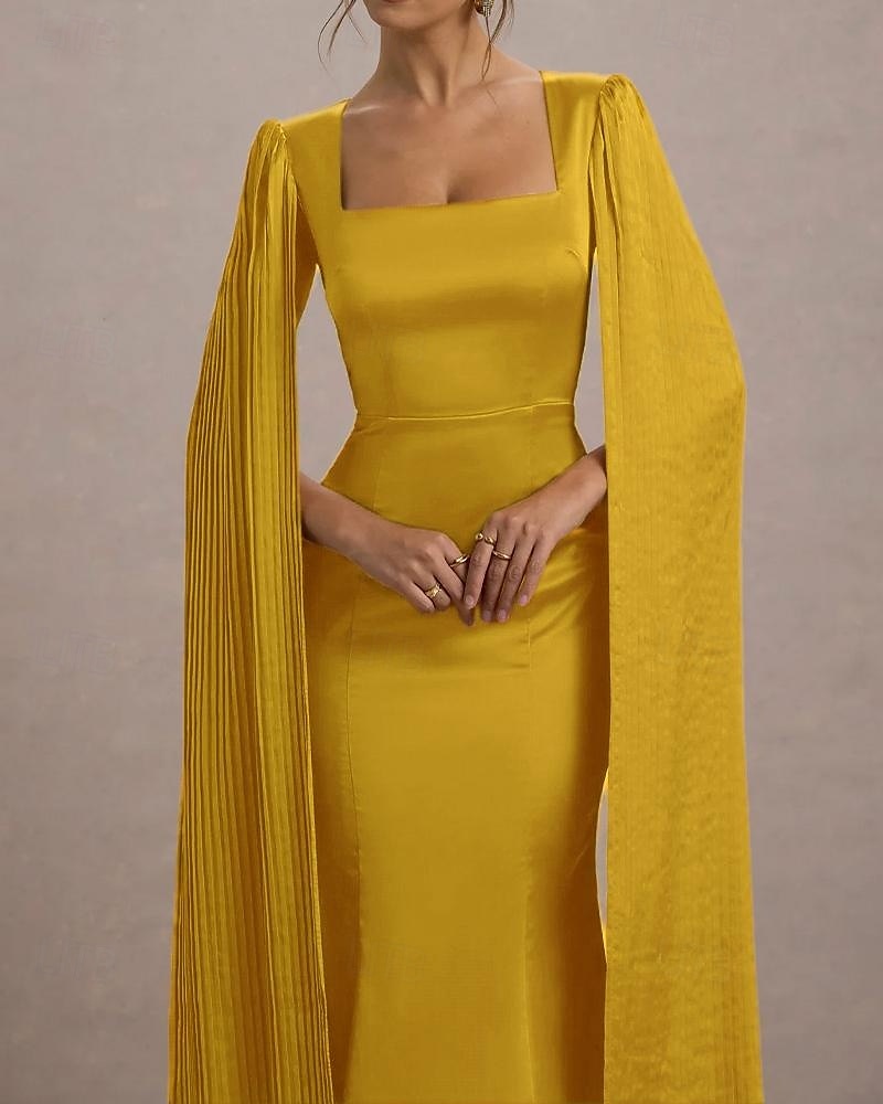 Senapsgul Klänning Fåll Cape Klänning Havfru  Trumpet Cocktail Klänningar Elegant Klänning Formell Bröllop Gäst Klänning Te Längd Midi Längd Fyrkantig Halsringning Siden 2025 - $136.99 –P3