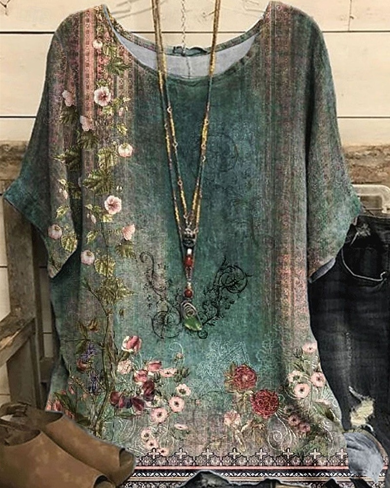Per donna Camicia Maglietta Stampato Fiori Elegante Moda Moderno Manica Corta Girocollo Top Regolari Quotidiano Weekend Bianco Giallo Verde chiaro Viola Verde Estate del 2026 a $23.99 –P1