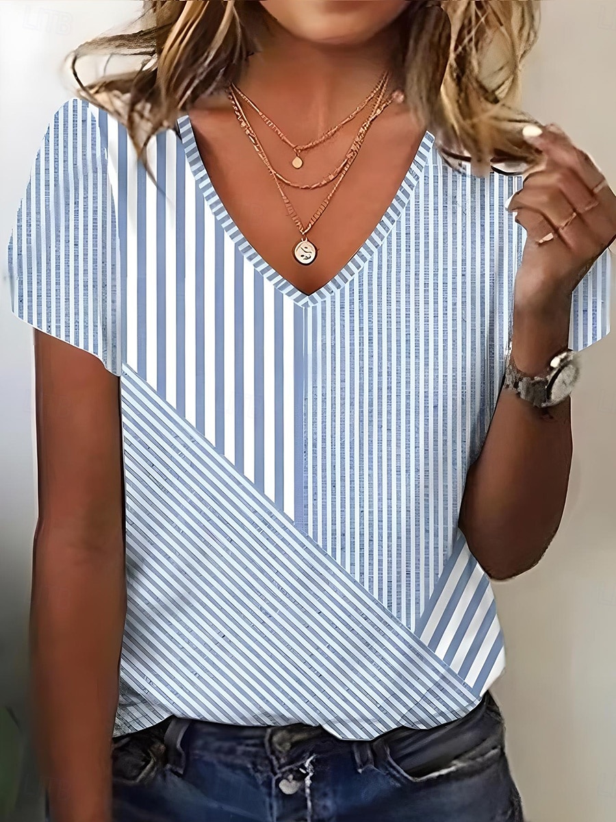 Karnival Dam T-shirt Randig Stylish Ledigt Kortärmad V-hals Vanliga toppar Dagligen Mönster Gul Ljusgrön Rodnande Rosa Blå Purpur Sommar Vår 2025 - $19.99 –P4