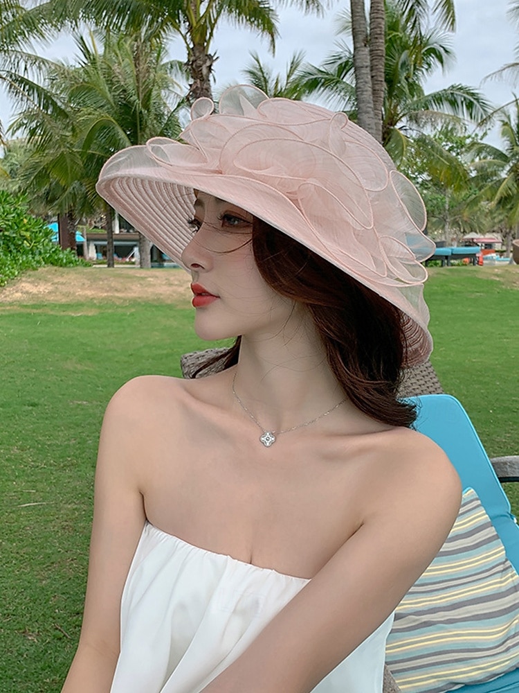 Chapeau de paille élégant à large bord pour femme avec des accents de ruban et de perles, parfait pour les fêtes de jardin d'été, les événements en plein air et les mariages de 2025 ? $14.99 –P5