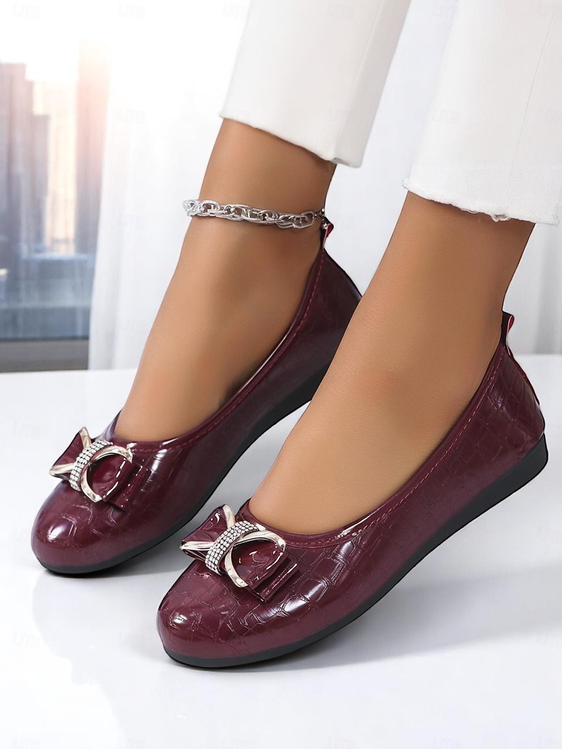 Damen-Lackleder-Schleifen mit Strass-Detail – klassische Slip-On-Schuhe für erwachsene Frauen, perfekt fürs Büro, tägliche Besorgungen, Abendessen und Feiertagstreffen 2025 - $19.99 –P7