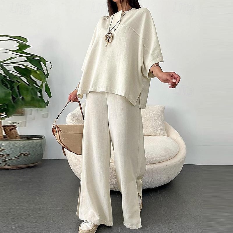 Femmes Mode Streetwear Chemises en coton et lin Ensembles en coton et lin Ensembles de Pantalons Manche 3/4 Col en V Uni Tenue quotidienne Date Blanche Beige Été Coupe régulière de 2025 ? $40.99 –P3