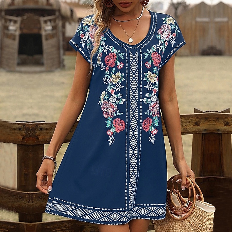 Pentru femei Rochie Mini Rochii Tricou Rochie de Vară Rochie de vară Vacanță Casual Boho Zilnic Ieșire Fit regulat Floral Grafic Manșon scurt În V Negru Roșu Vin Albastru piscină Maro Vară 2025 - $23.99 –P6