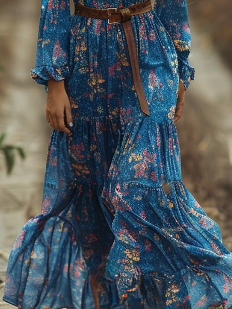 Femmes Robe Longue Maxi Robe Robe Décontractée Robe évasée Robe d'été Robe bohème ancien Vacances Quotidien Fête Coupe régulière Fleuri manche longue Col en V Bleu Été de 2025 ? $32.99 –P3
