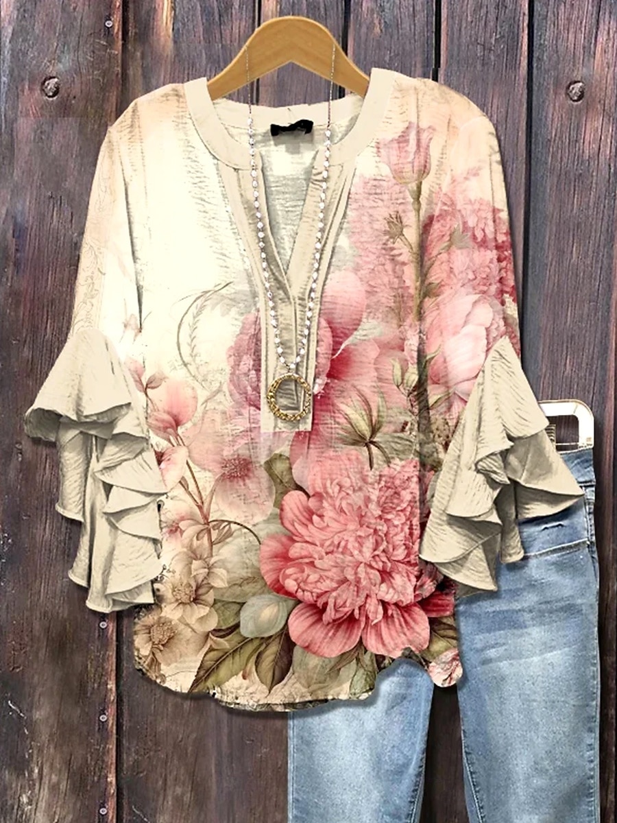 Damskie Bluzka Ombre Kwiaty Graficzny Elegancja Bohema Elegancki Rękaw 3/4 W serek Zwykłe topy Codzienny Święto Ubrania wakacyjne Falbana Nadruk Blush Pink Jasnozielony Jasnoniebieski Lato Wiosna 2025 - $29.99 –P2